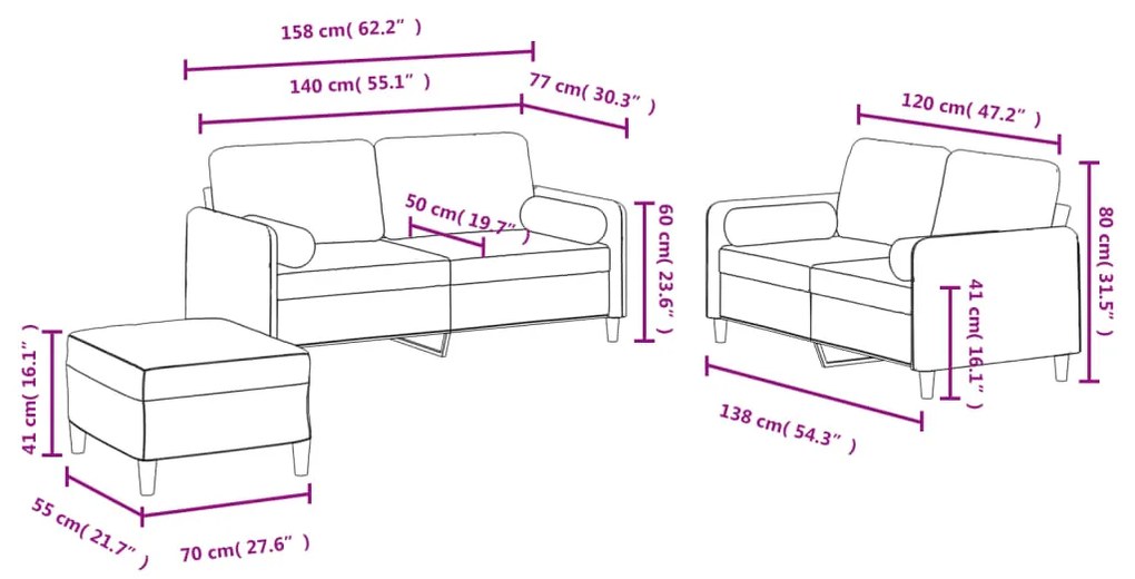 3 pcs conjunto de sofás com almofadas veludo cinzento-claro
