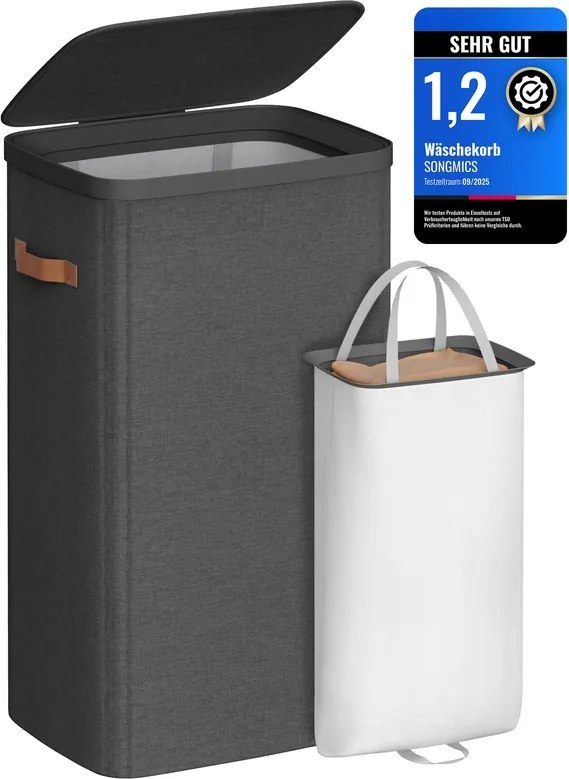 Cesto de roupa suja prático 42 x 32 x 75 cm com compartimentos e tampa Preto