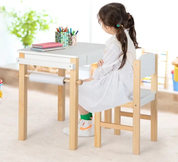 Conjunto de mesa e cadeira de arte para crianças Secretária e cadeira de desenho com pernas de madeira maciça Gaveta Rolo de papel 2 canetas marcadora