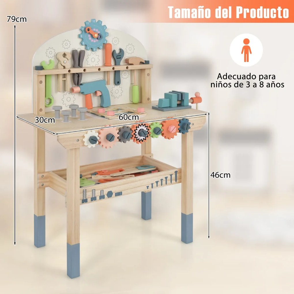 Bancada de trabalho Infantil em madeira com acessórios Estante magnética e arrumação Bancada de ferramentas para crianças 60 x 30 x 79 cm