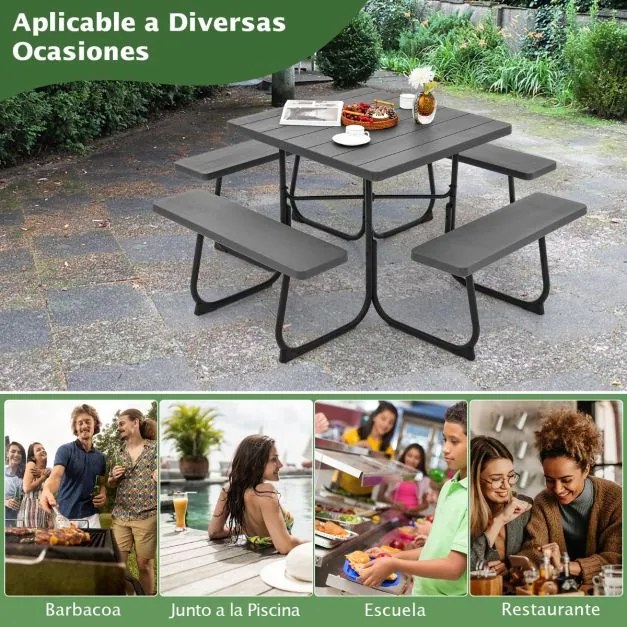 Conjunto de moveis jardim Mesa redonda e 4 bancos para 8 pessoas Carga 225 kg para jardim terraço campismo Preto