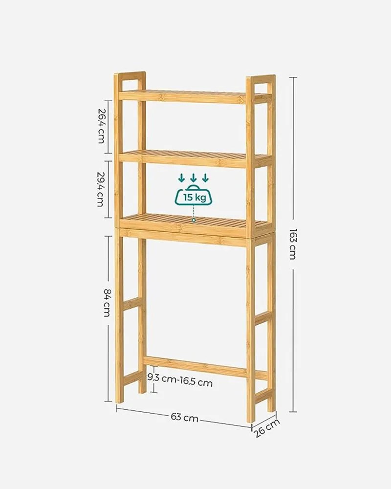 Prateleira para sanita de 3 níveis em bambu ajustável 26 x 63 x 163 cm cor natural