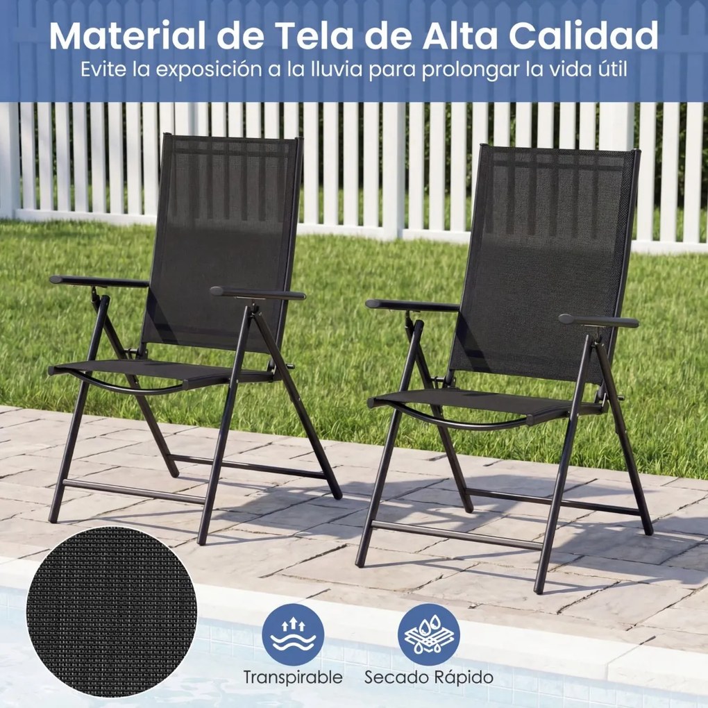Conjunto de 2 cadeiras dobráveis de jardim (MESA NÃO INCLUIDA) com encosto ajustável em 5 posições, respirável, estrutura metálica, para pátio ou pisc