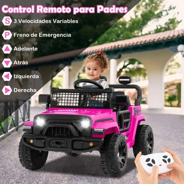 Carro elétrico para crianças 12V com comando à distância, volante, painel musical, buzina, faróis, espelhos rebatíveis e 4 rodas cor-de-rosa