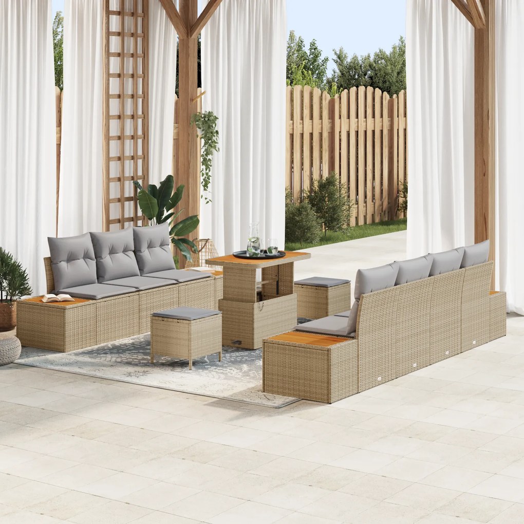 Conjunto de Sofá de Jardim vidaXL de 10 Peças com Almofadas Bege Rattan Acácia