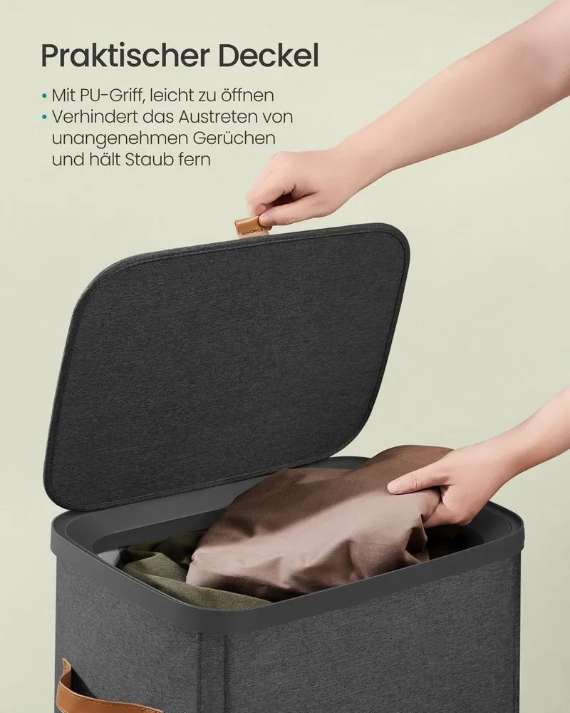 Cesto de roupa suja prático 42 x 32 x 75 cm com compartimentos e tampa Preto