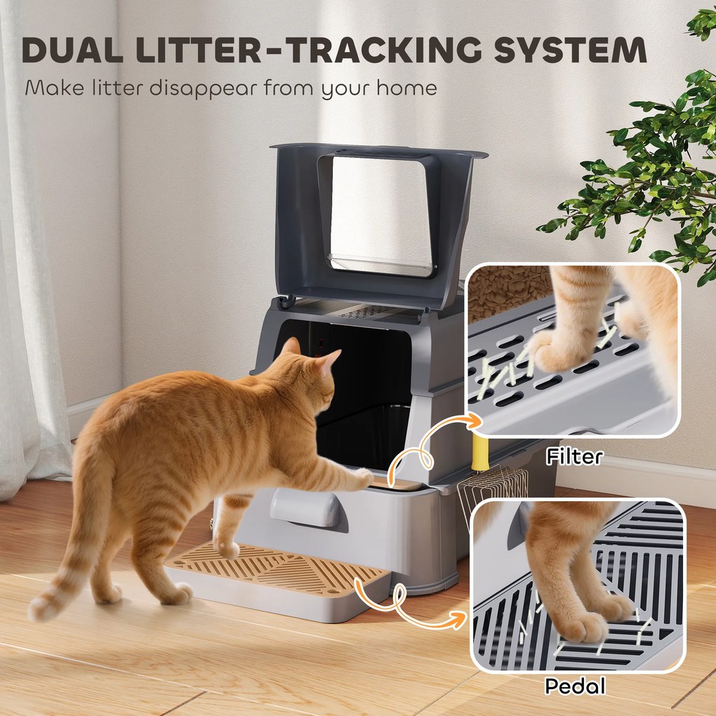 Caixa de Areia para Gatos de Aço Inoxidável XL com Tampa Articulada 180° Laterais Altas Pedal Pá 63x43x43 cm Cinzento Escuro