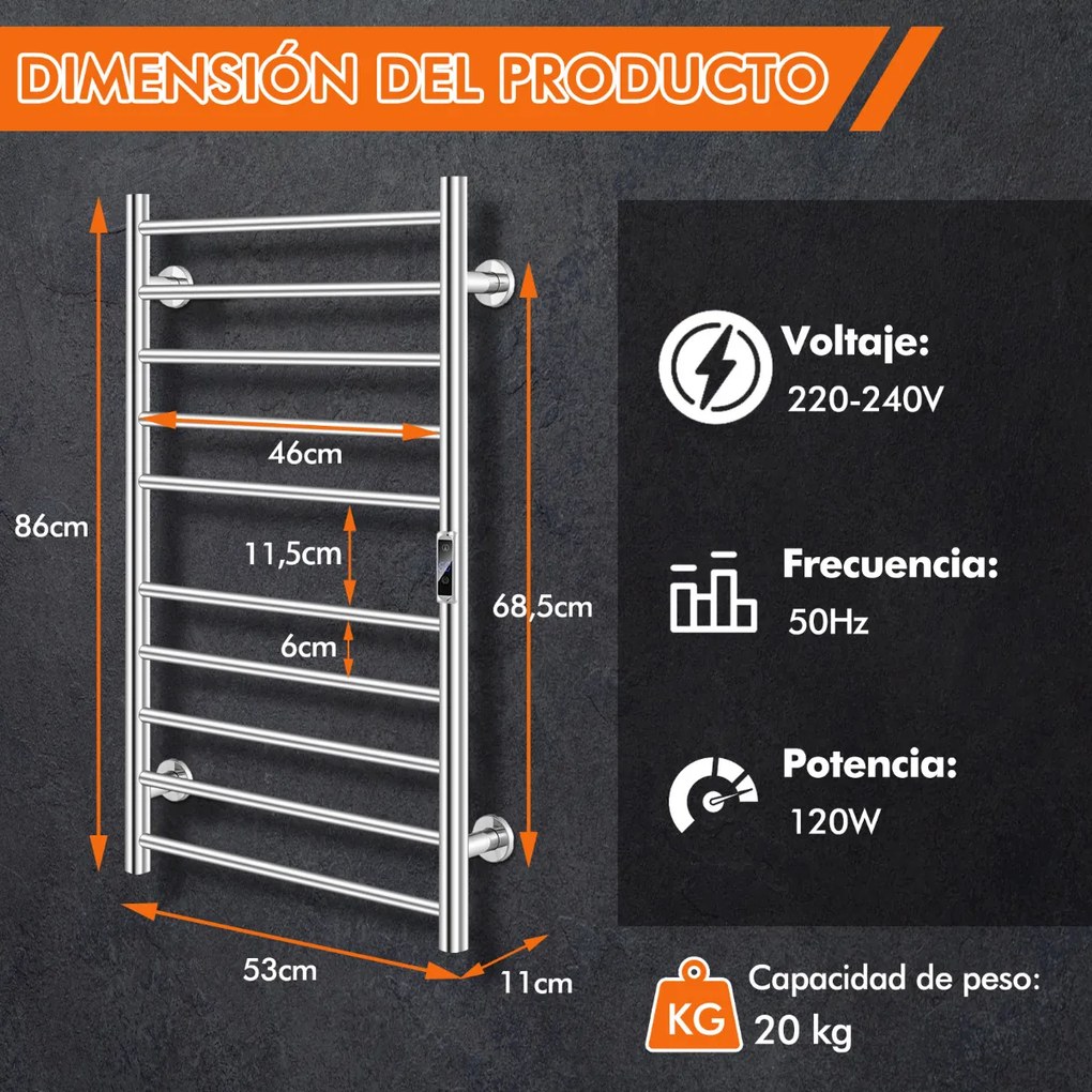 Toalheiro elétrico de parede de 10 barras 120W com ecrã LCD Aquecedor de toalhas de casa de banho em aço inoxidável à prova de água Prata