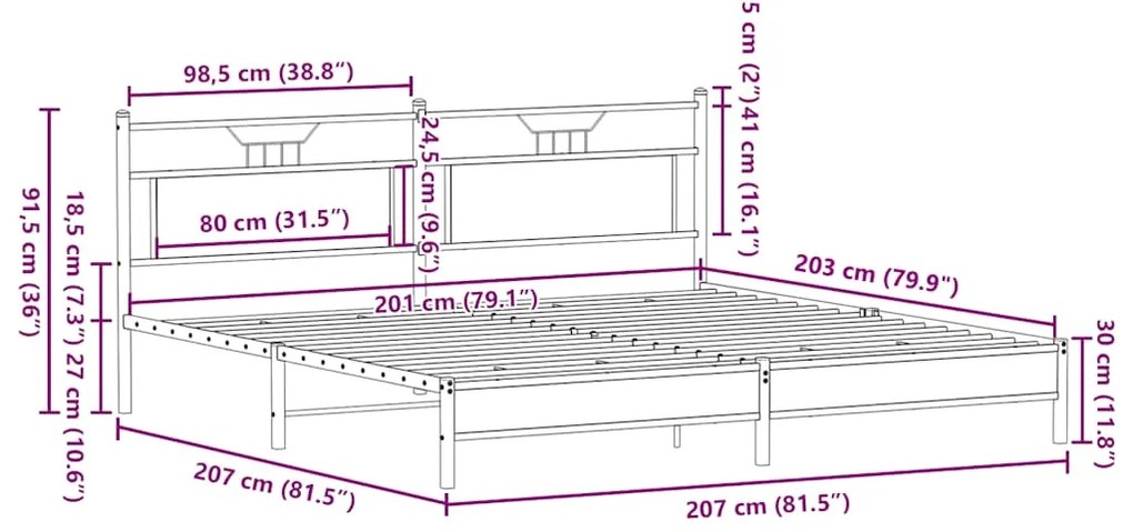 Estrutura cama sem colchão 200x200cm metal carvalho castanho