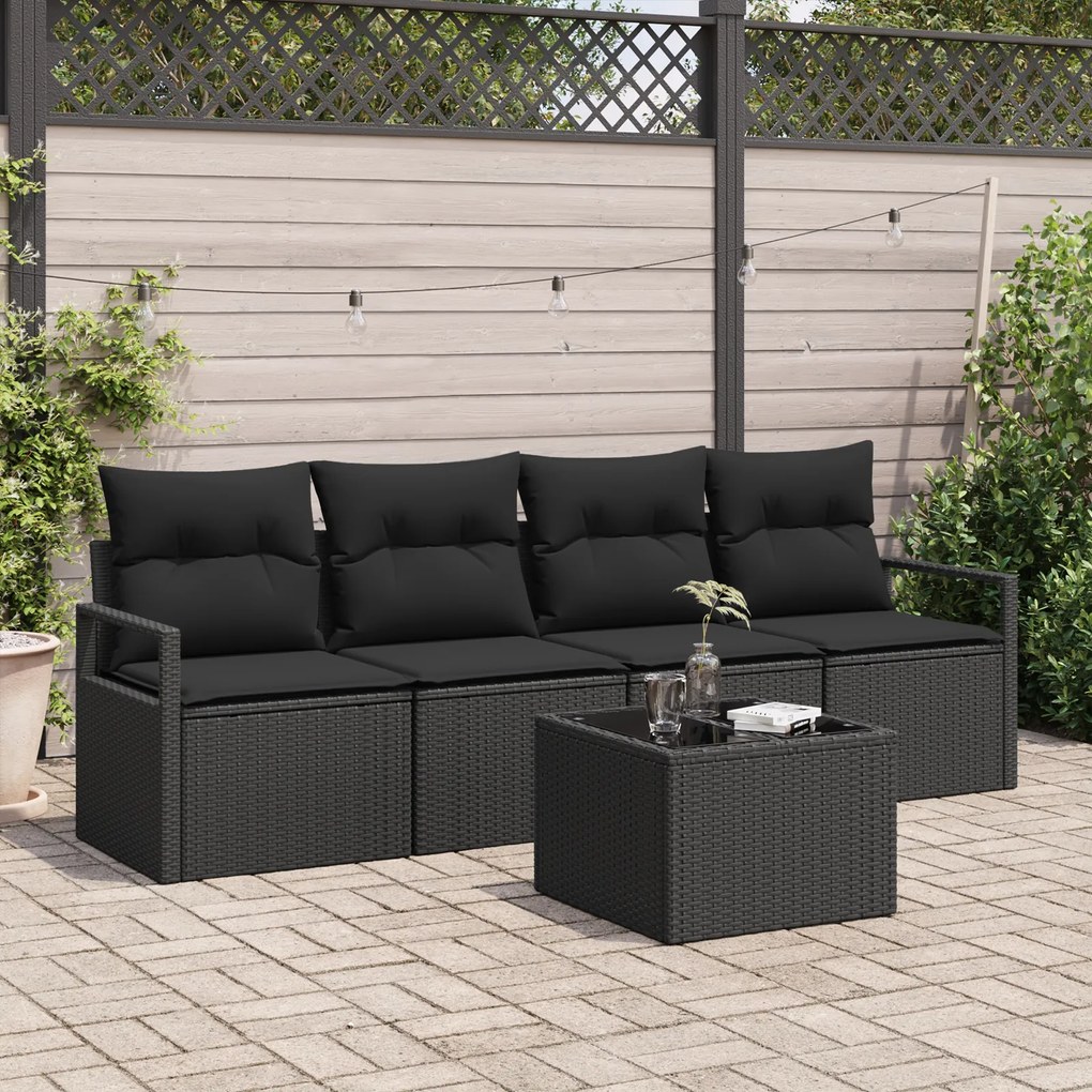 Conjunto de Sofá de Jardim vidaXL de 5 Peças com Almofadas Preto Vime
