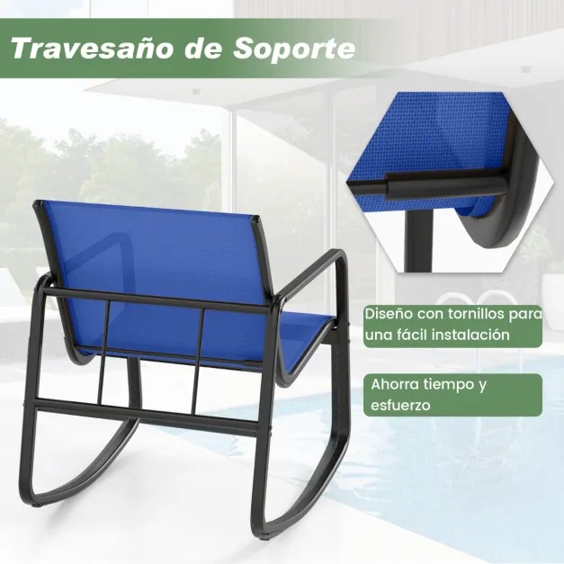 Conjunto de 3 peças baloiço para jardim, 2 cadeiras de bistrô e mesa baixa de vidro com tecido de malha respirável e faixa antiderrapante Azul