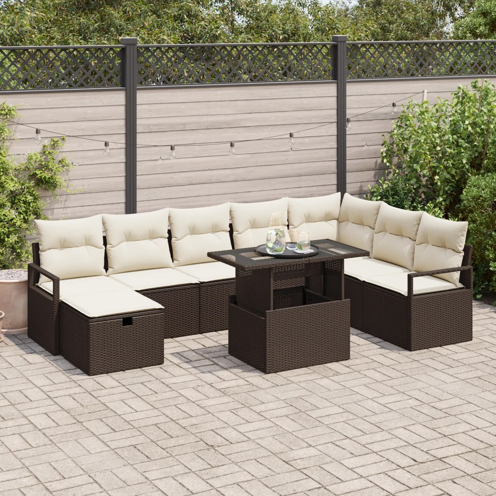 Conjunto de Sofá de Jardim de 9 Peças com Almofadas Castanho Poly Ratt