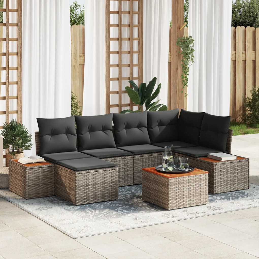 vidaXL Conjunto de Sofás de Jardim de 7 Peças com Almofadas Cinzas de Vime Sintético