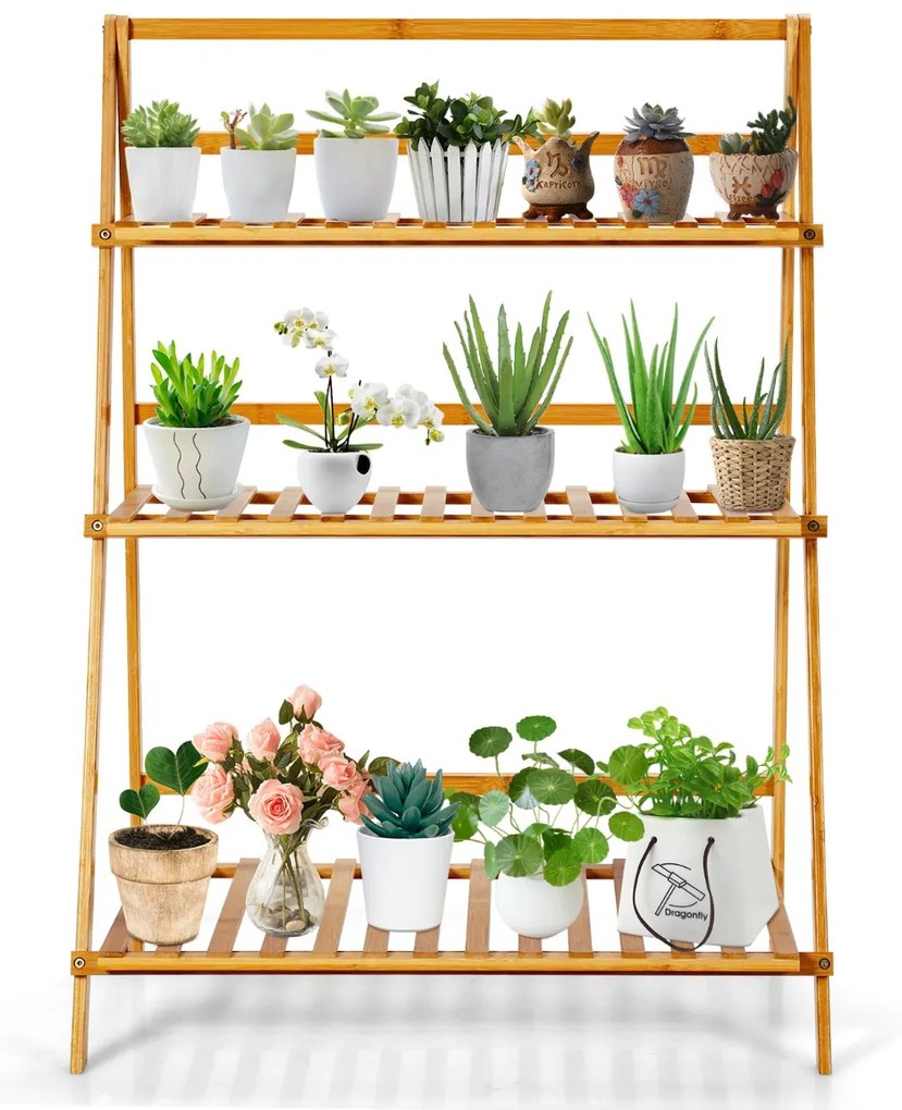 Prateleiras de plantas de 3 camadas Prateleira decorativa de bambu para vasos de flores para pátio e jardim 70 x 38 x 95,5 cm Natural