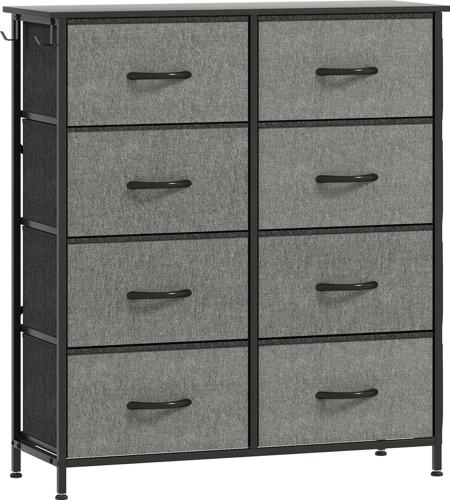 HOMCOM Cômoda 8 gavetas em tecido, móvel de armazenamento com 4 bolsos, 2 ganchos, estrutura em aço, 86 x 30 x 94,5 cm, cinza | Aosom Portugal
