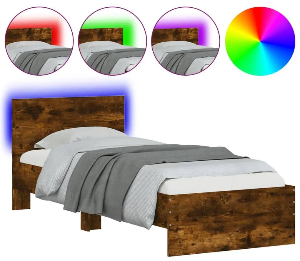 Estrutura cama c/ cabeceira/luzes LED 90x190 cm carvalho fumado