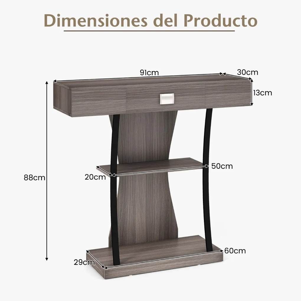 Mesa consola em forma de T com gaveta e Estantes Mesa de entrada moderna 91 x 30 x 88 cm Cinzenta