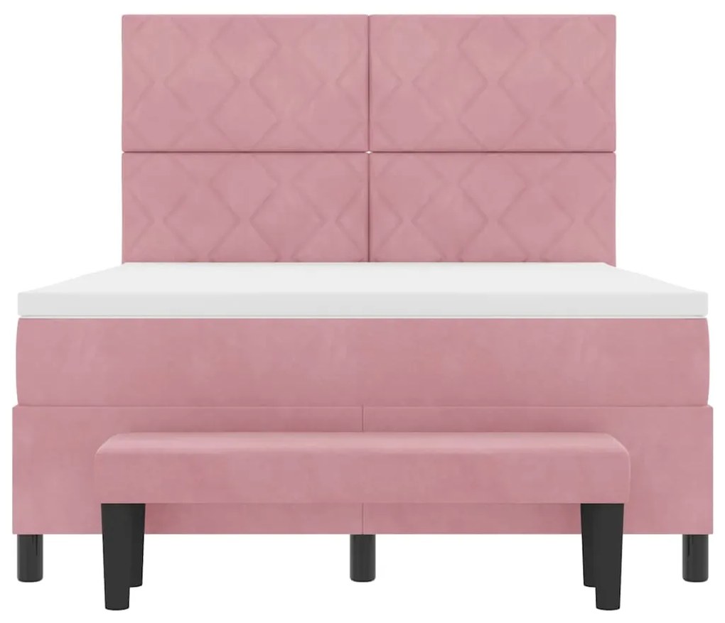 Cama Box Spring com Colchão e Banco Rosa 140x200 cm Veludo