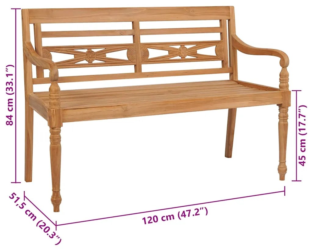 Banco Batávia c/ almofadão xadrez cinzento 120 cm teca maciça