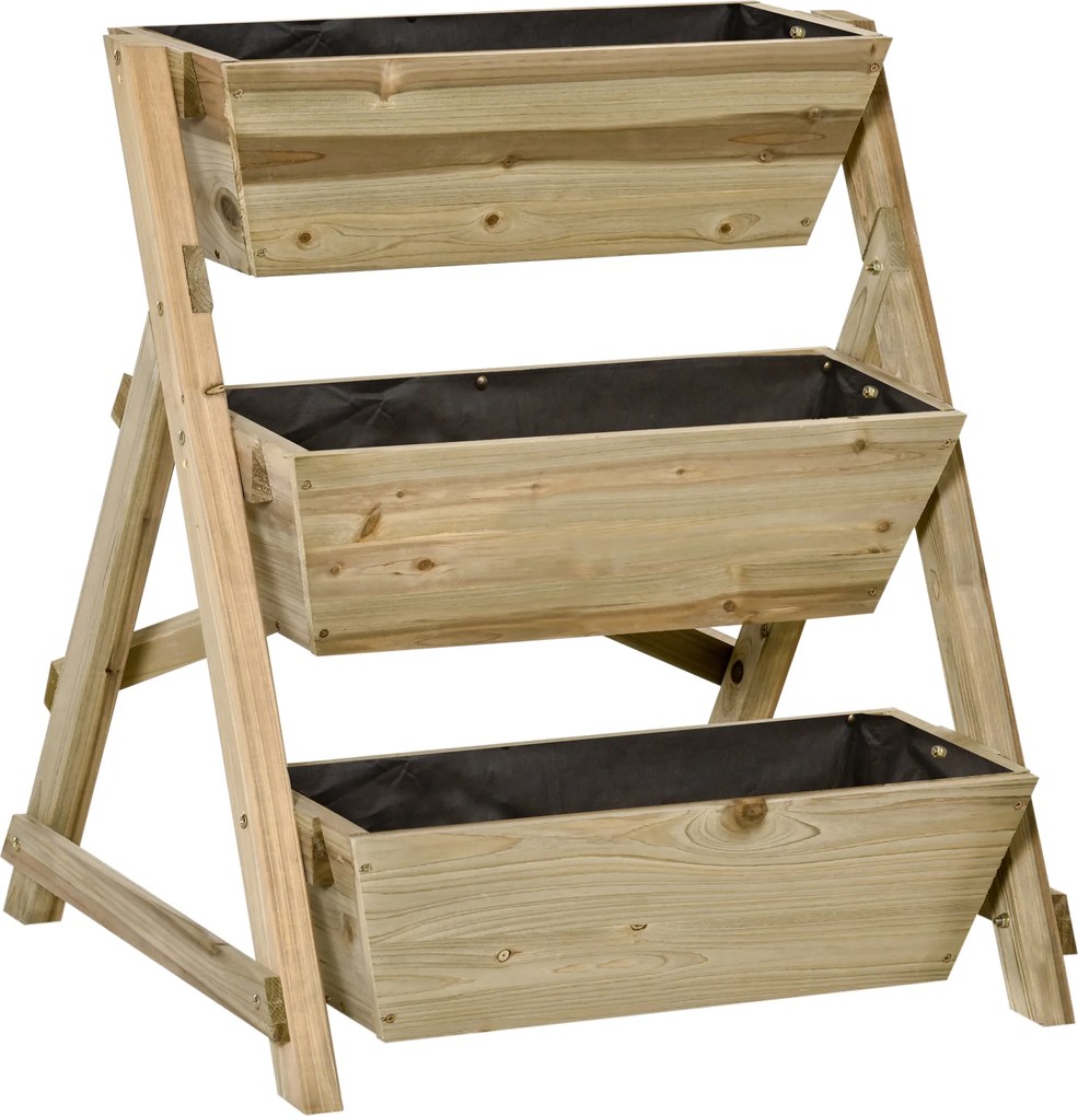 Floreira de Escada de 3 Níveis Horta de Madeira com Tecido não tecido e Orifícios de Drenagem Horta para Plantas Flores Ervas 71x61x77cm Madeira Natur