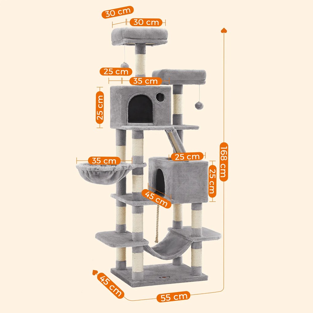 Arranhador Gatos 55 x 45 x 168 cm com 2 grutas cinzento claro