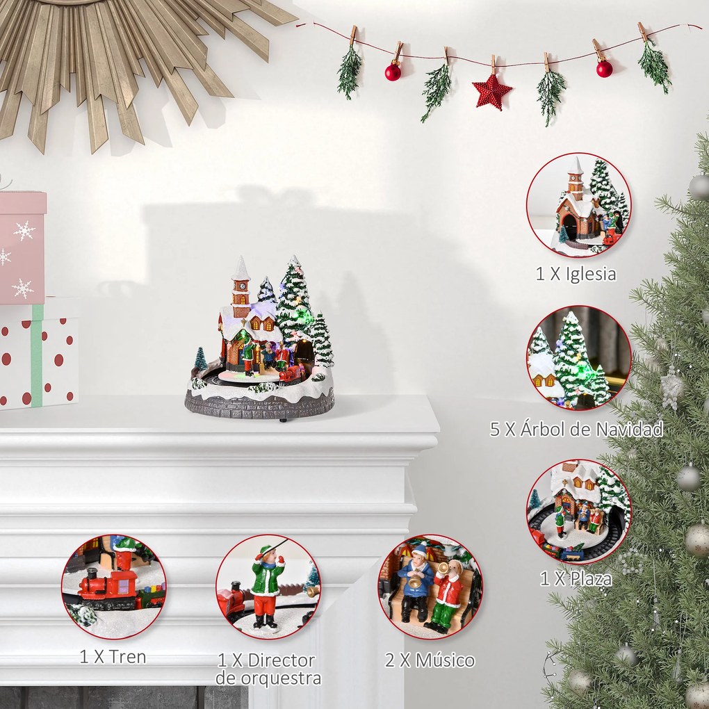 HOMCOM Aldeia de Natal com Luzes LED Trem Giratório e Música Decoração de Natal 19,3x17,9x20,2cm Multicor