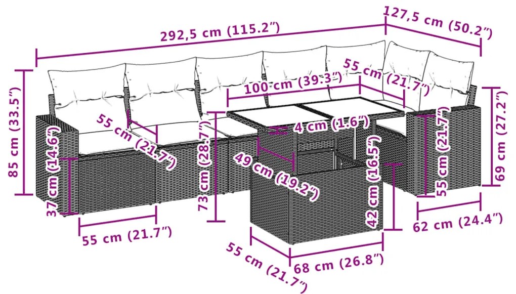 7 pcs conjunto sofás p/ jardim c/ almofadões vime PE cinzento