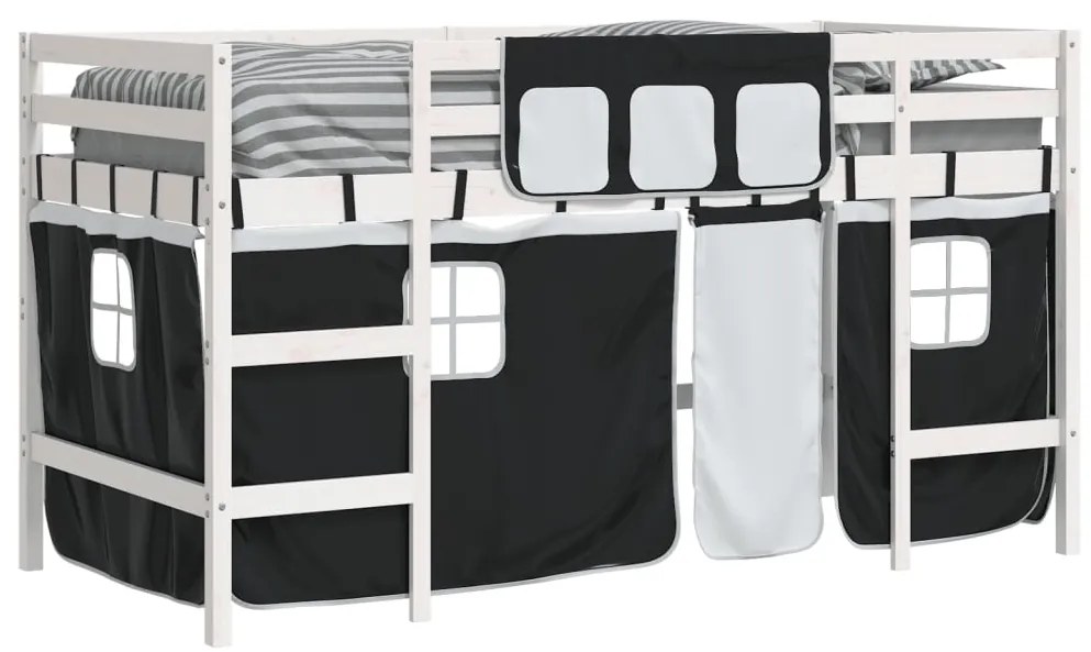 Cama alta criança c/ cortina 80x200cm pinho maciço branco/preto