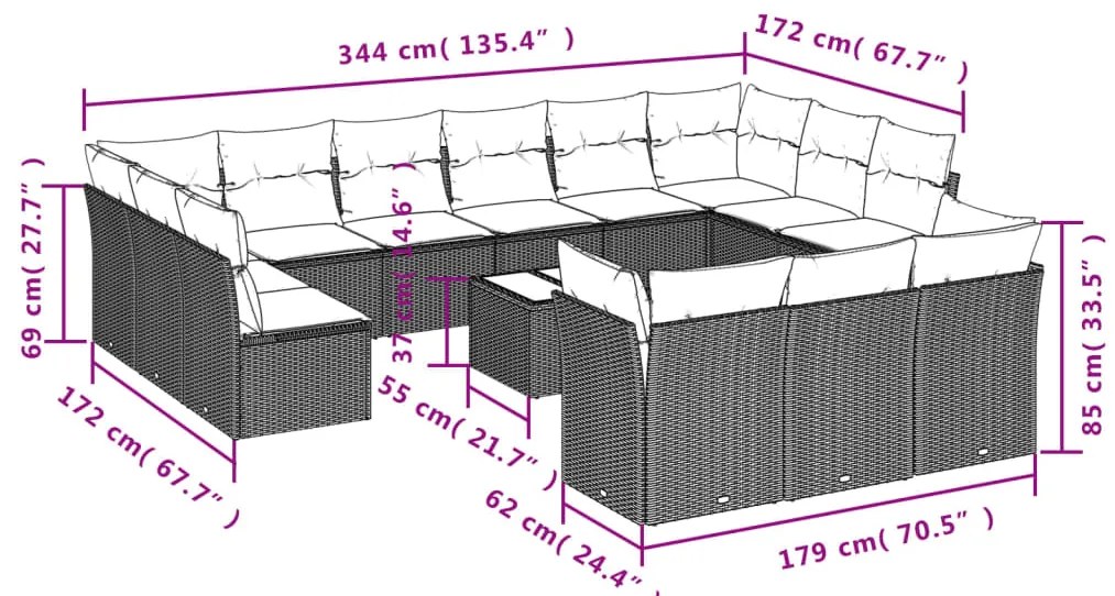 14 pcs conjunto de sofás p/ jardim com almofadões vime PE bege
