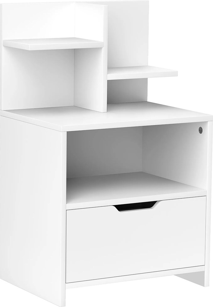 Mesa de Cabeceira de Madeira Moderna com Gaveta e Prateleiras de Armazenamento 45x35x73 cm Branco
