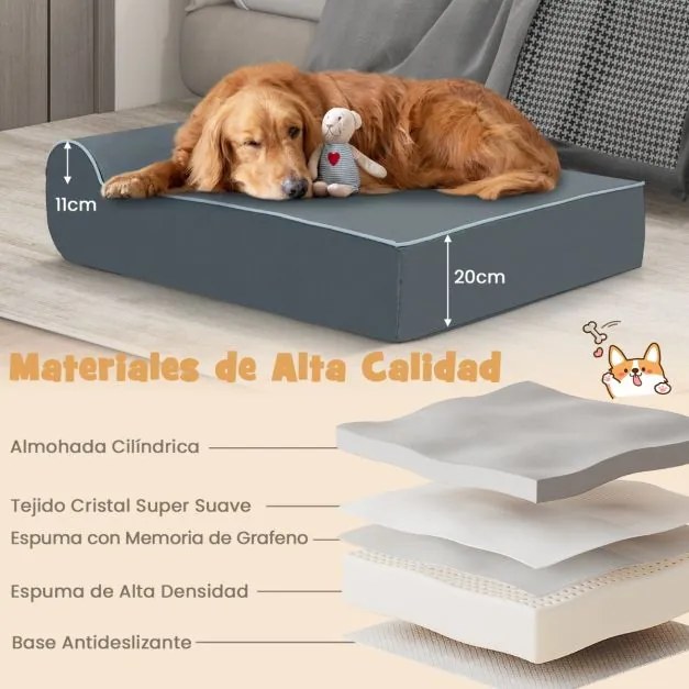 Cama ortopédica para cães grandes 100 x 81 x 31 cm com forro interno preenchido com espuma viscoelástica com grafeno com capa removível Cinza.