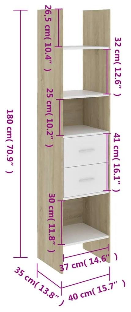 Estante 40x35x180 cm contraplacado branco e carvalho sonoma