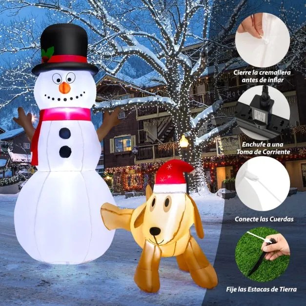 Decoração de Natal insuflável com boneco de neve e cão de 180 cm de altura com luzes LED incorporadas branca e amarela