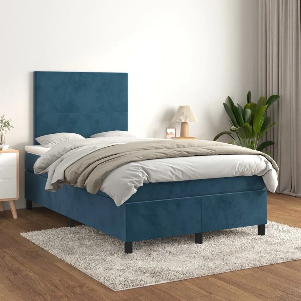 Cama boxspring com colchão 120x200 cm veludo azul-escuro