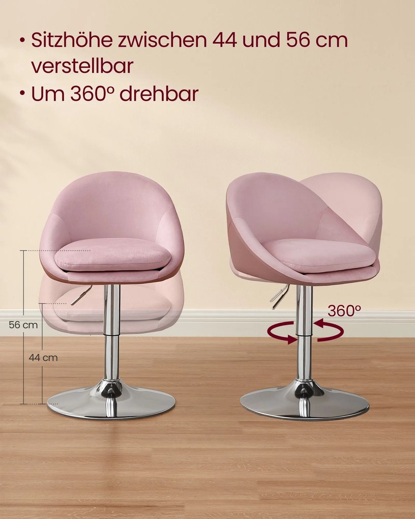 Cadeira toucador regulável com encosto e base cor-de-rosa pastel