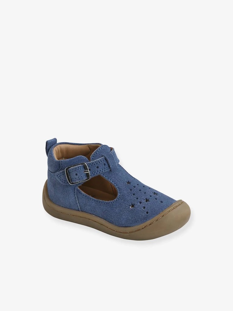 Agora -15%: Sapatos em pele suave, para bebé, especial gatinhar azul-ganga