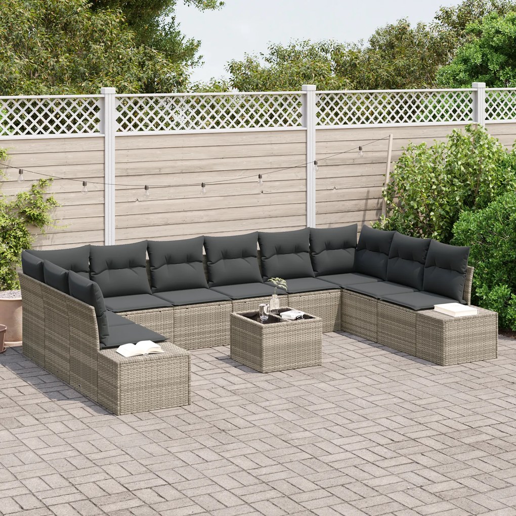 Conjunto de Sofá de Jardim de 11 Peças com Almofadas Cinza Rattan Poli
