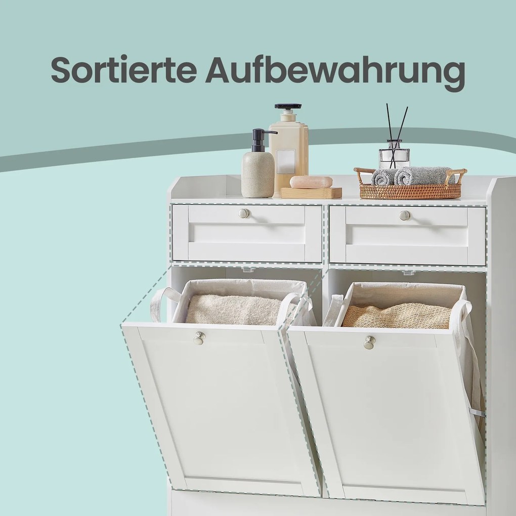 Armário de casa de banho, com 2 cestos de roupa suja removíveis 40 x 78,8 x 80 cm e 2 gavetas Branco