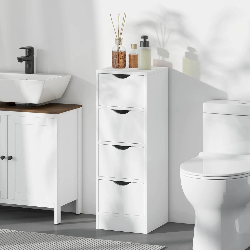 Móvel de casa de banho 29 x 29 x 83 cm, móvel de arrumação com 4 gavetas e puxadores embutidos, branco