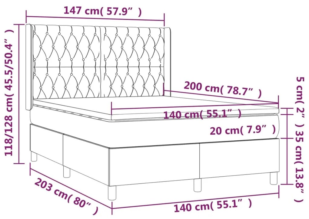 Cama box spring c/ colchão e LED 140x200 cm tecido cinza-escuro