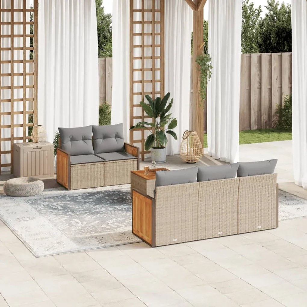6 pcs conjunto de sofás p/ jardim com almofadões vime PE bege