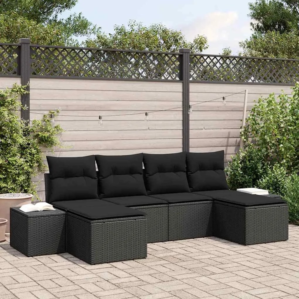 Conjunto de Sofá de Jardim de 6 Peças com Almofadas em Rattan Preto