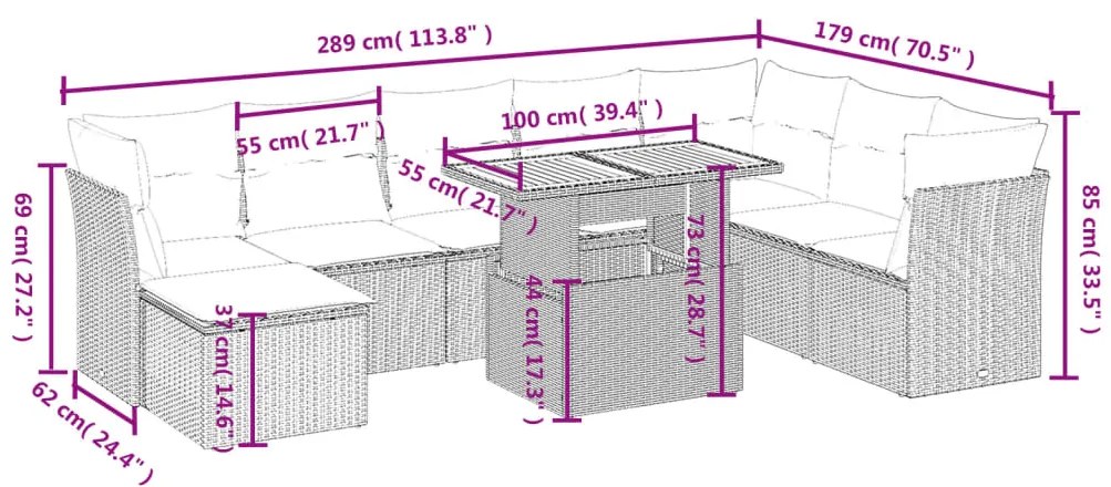 9 pcs conjunto de sofás p/ jardim c/ almofadões vime PE preto