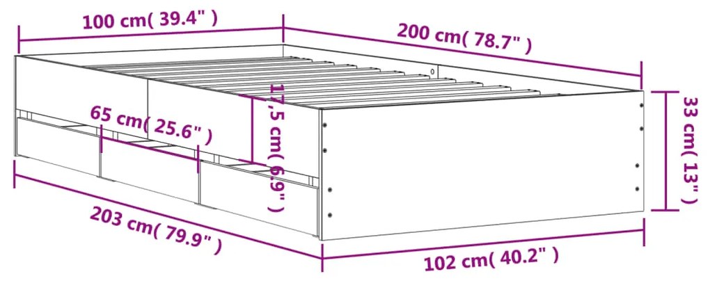 Estrutura de cama c/ gavetas 100x200 cm derivados madeira preto