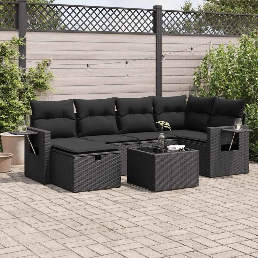 7 pcs conjunto de sofás p/ jardim c/ almofadões vime PE preto