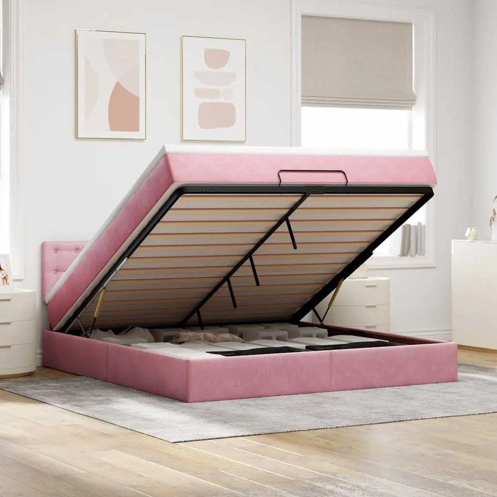 Estrutura de cama otomana com colchão 160x200 cm veludo rosa