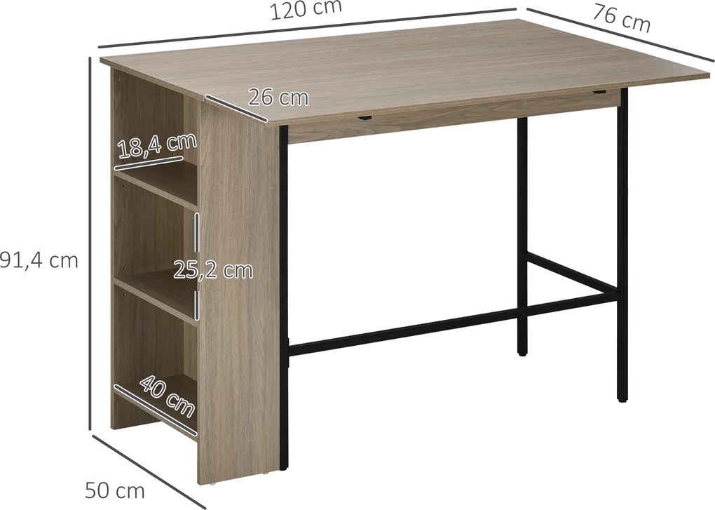 Mesa com ilha central (BANCOS NÃO INCLUIDOS), tampo lateral rebatível e 3 prateleiras, 120 x 76 x 91,4 cm, cinzento claro
