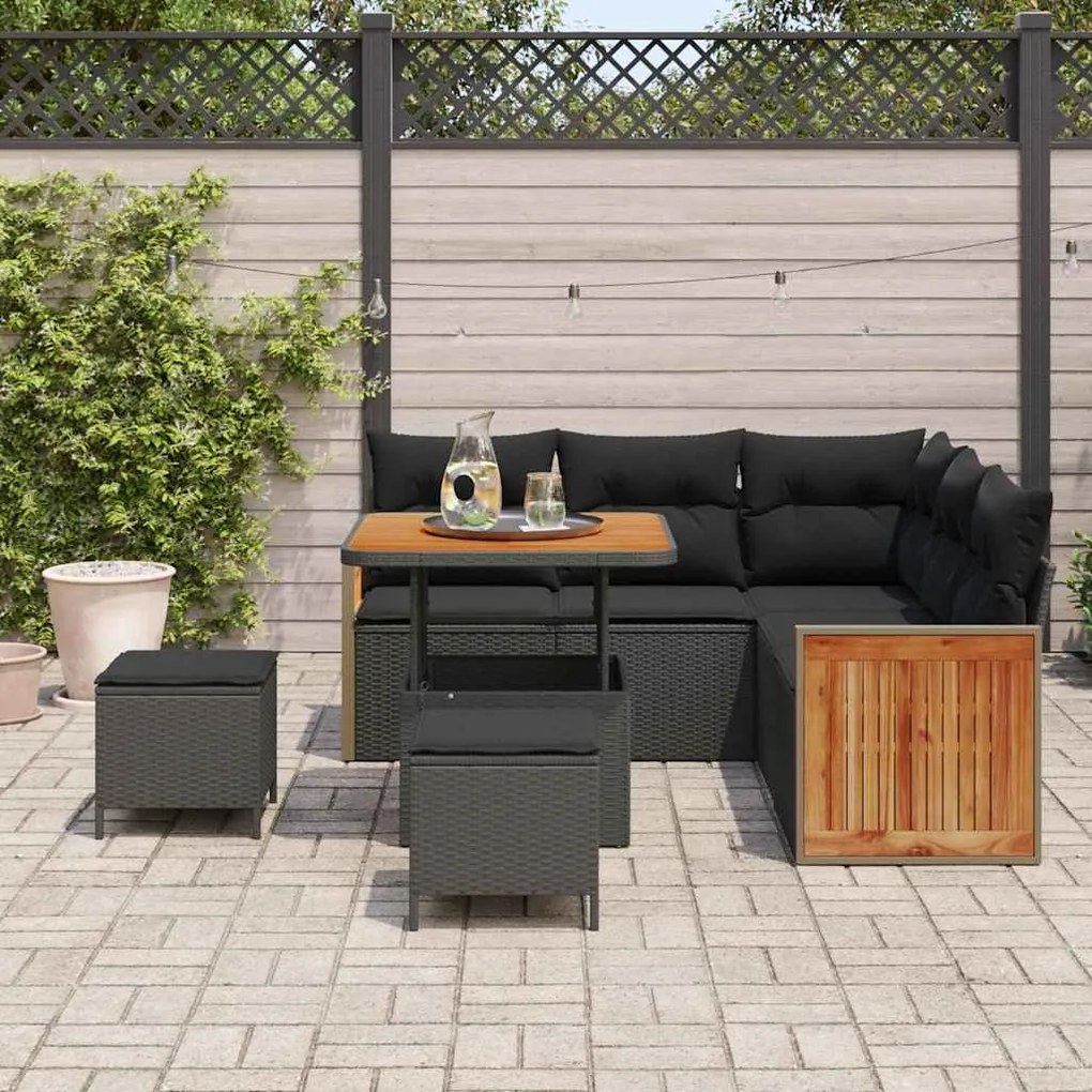 Conjunto de Sofá de Jardim vidaXL 8 Peças com Almofadas Preto Rattan P