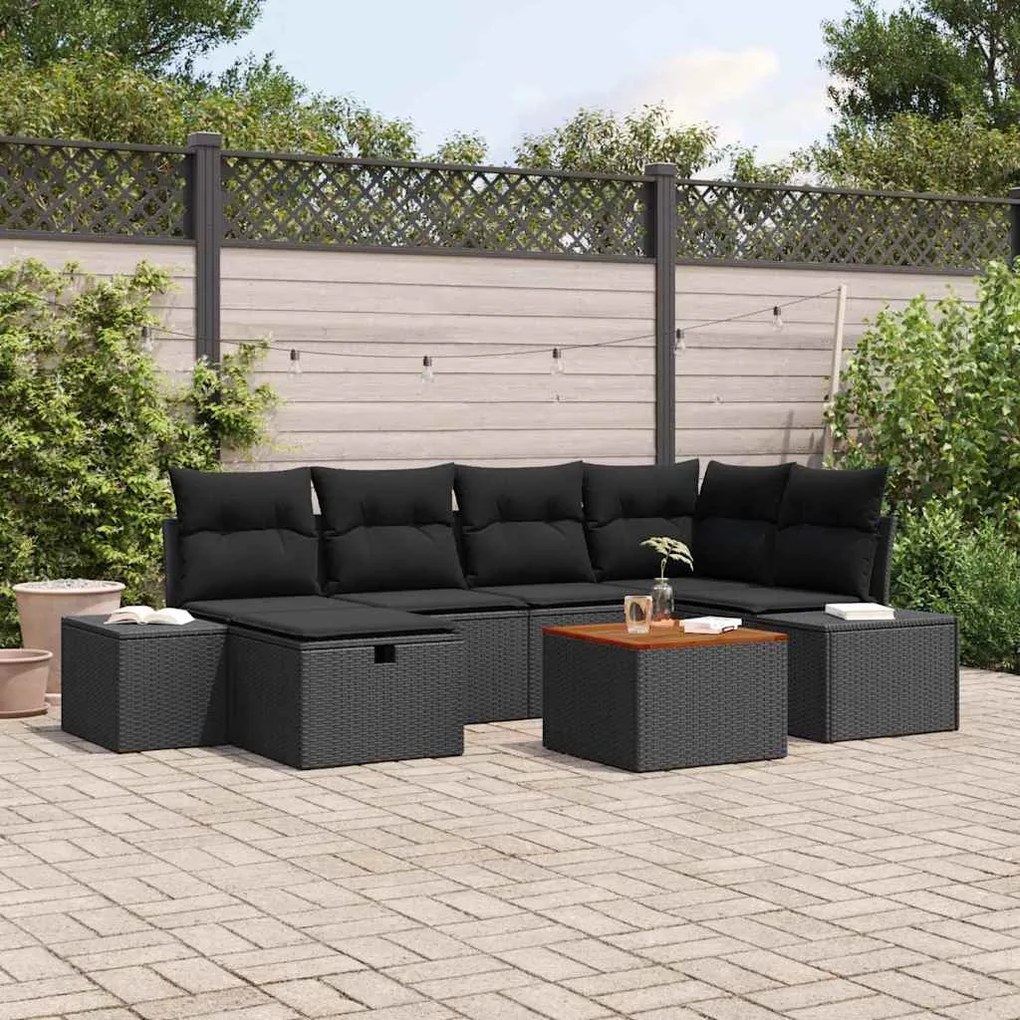 vidaXL Conjunto de Sofá de Jardim com almofada 7 pcs Preto vime PE