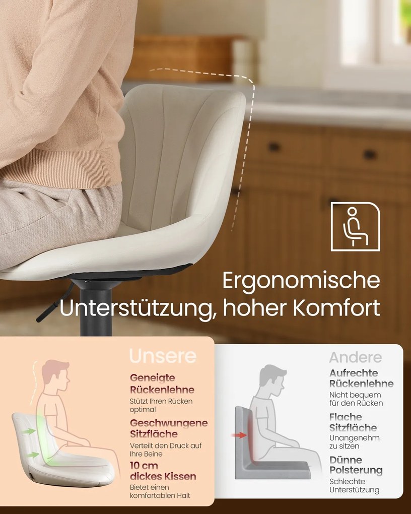 Conjunto 2 bancos bar com encosto e assento giratório 46,5 x 43 x (88-108) cm em veludo branco creme